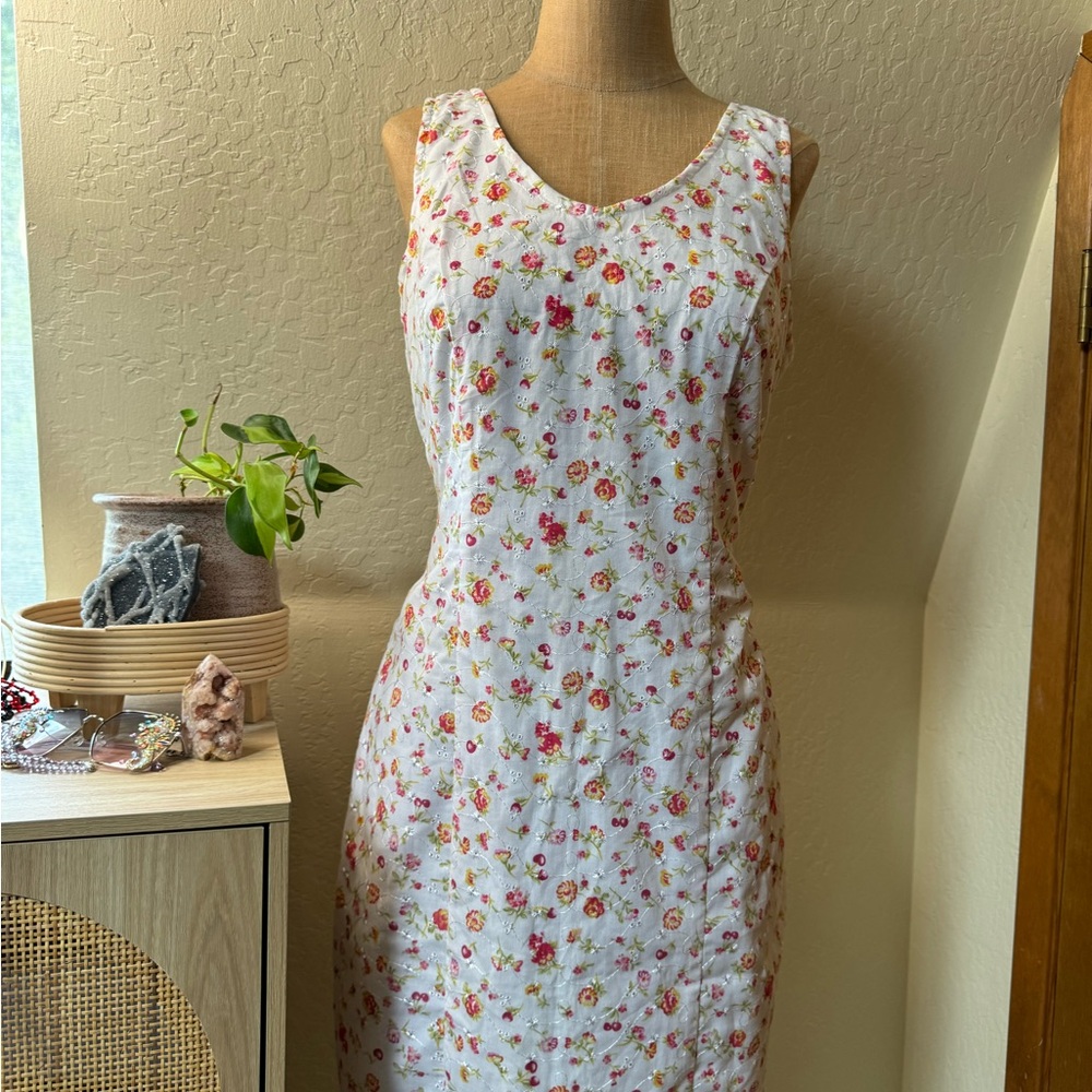 Vintage 90s Sleeveless Eyelet Sheath Midi Dress